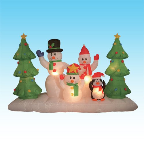 8-Foot-Long-Inflatable-Snowmen-Family-w-Pet-Penguin-Around-Christmas-Trees-0