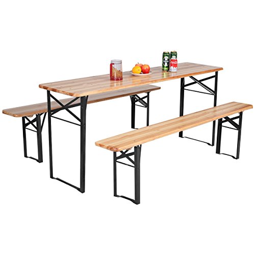 Giantex-3-PCS-Beer-Table-Bench-Set-Folding-Wooden-Top-Picnic-Table-Patio-Garden-0-0