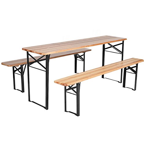 Giantex-3-PCS-Beer-Table-Bench-Set-Folding-Wooden-Top-Picnic-Table-Patio-Garden-0