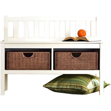 Hampton-Wooden-Seat-Storage-Bench-with-Rattan-Baskets-and-Back-Great-Entryway-Hallway-Furniture-This-Basket-Organizer-Foyer-Chest-Is-White-and-Has-2-Storage-Compartments-and-2-Cubby-Storage-Baskets-In-0