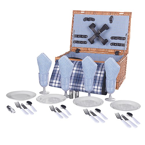 HiCollie-4-Person-Wicker-Picnic-Basket-Hamper-Set-with-Flatware-Plates-and-Wine-Glasses-Includes-Blue-Checked-Pattern-Lining-and-FREE-Picnic-Blanket-0-0