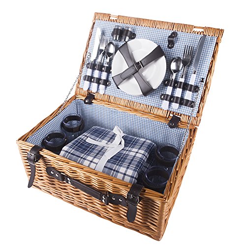 HiCollie-4-Person-Wicker-Picnic-Basket-Hamper-Set-with-Flatware-Plates-and-Wine-Glasses-Includes-Blue-Checked-Pattern-Lining-and-FREE-Picnic-Blanket-0