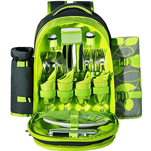 Stanfer-Picnic-Backpack-for-4-With-Cooler-Compartment-Detachable-BottleWine-Holder-Fleece-Blanket-Flatware-and-Plates-0