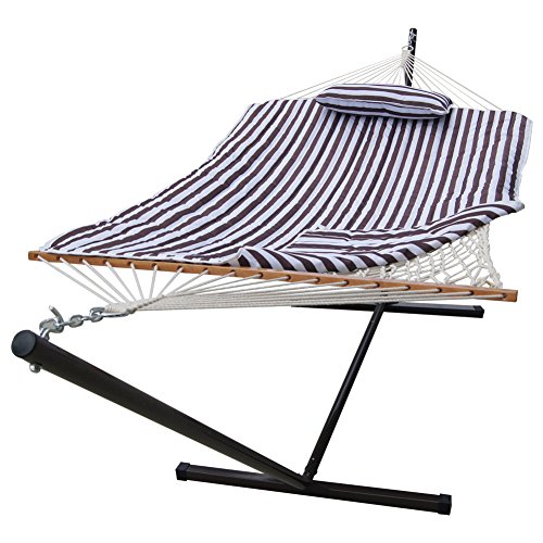 Sundale-Outdoor-Stripe-Cotton-Rope-Hammock-with-12-Feet-Steel-Stand-Quilted-Polyester-Pad-and-Pillow-0