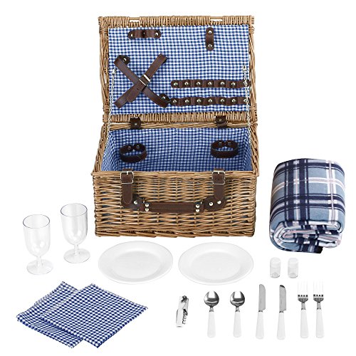 VonShef-Deluxe-2-Person-Traditional-Wicker-Picnic-Basket-Hamper-with-Cutlery-Plates-Glasses-Tableware-Fleece-Blanket-0-0