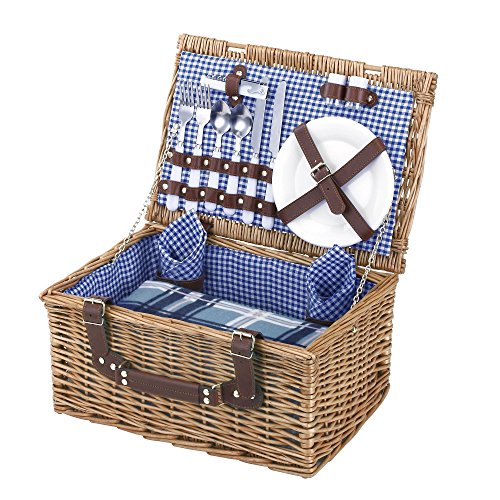 VonShef-Deluxe-2-Person-Traditional-Wicker-Picnic-Basket-Hamper-with-Cutlery-Plates-Glasses-Tableware-Fleece-Blanket-0