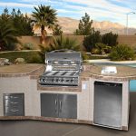 Cal-Flame-3-Piece-Outdoor-Kitchen-Island-e3022-with-4-Burner-Built-in-Grill-30-Double-Access-Stainless-Steel-Door-Refrigerator-with-Two-Tone-Tile-and-Ameristucco-Base-with-Under-Counter-Lights-0