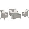 Modern-Contemporary-Urban-Outdoor-Patio-Four-PCS-Lounge-Chairs-and-Coffee-Table-Set-White-Rattan-0-3