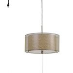 Cal-FX-3527-SW2-Swag-Two-Light-Drum-Pendant-Clear-Finish-with-Light-Brown-Fabric-Shade-0
