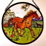 Decorative-Hand-Painted-Stained-Glass-Window-Sun-CatcherRoundel-in-a-Horse-and-Foal-Country-Scene-Design-0